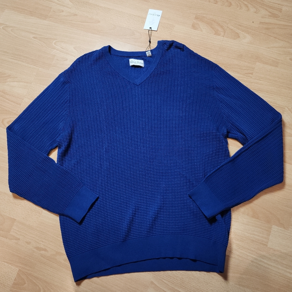 NWT Robert Graham 100% Cotton‎ Blue V-neck Lightweight Textured Selby Sweater XL